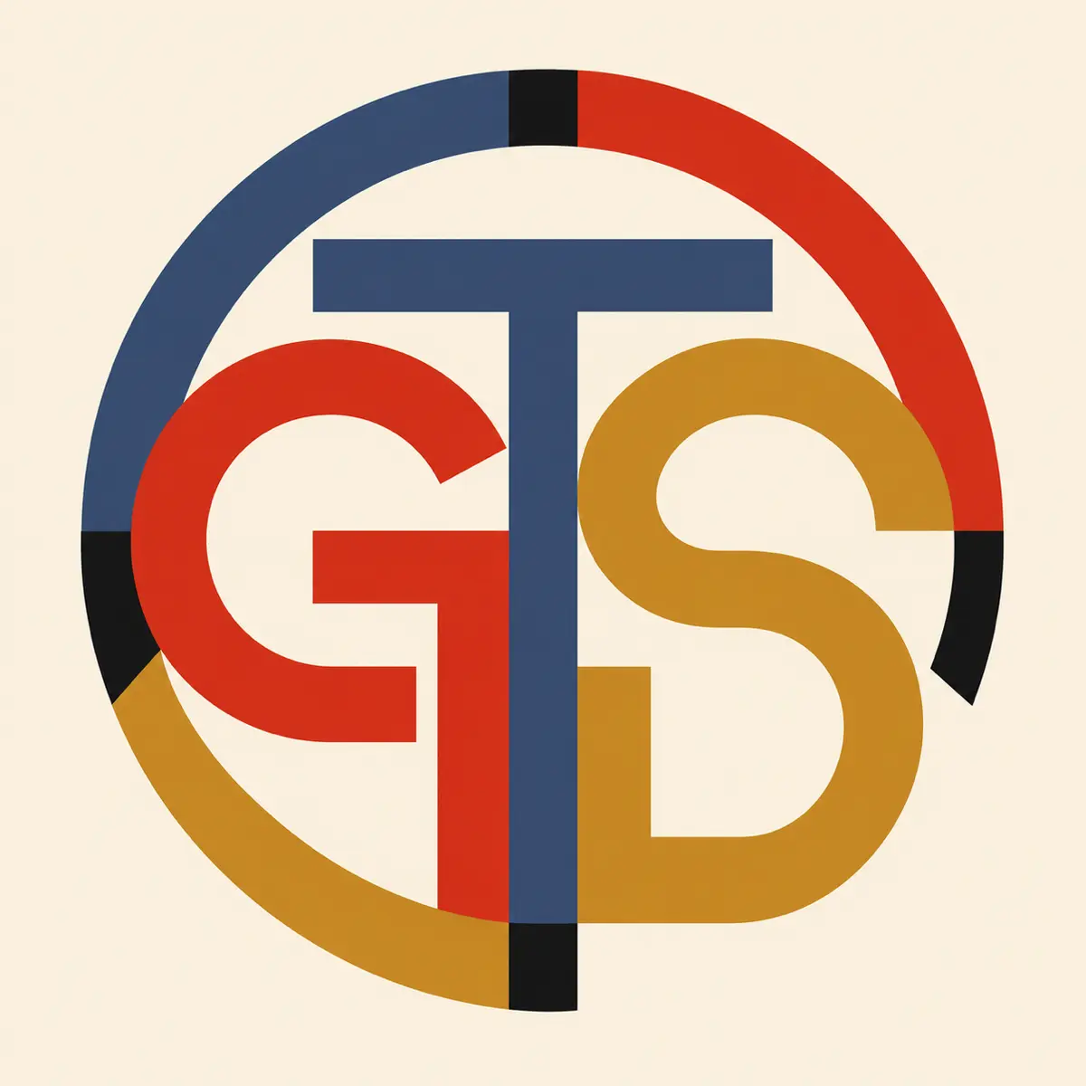 GTS-Logo: Bauhaus-Komposition mit den Buchstaben G, T und S in Blau, Rot und Ocker auf cremefarbenem Grund.